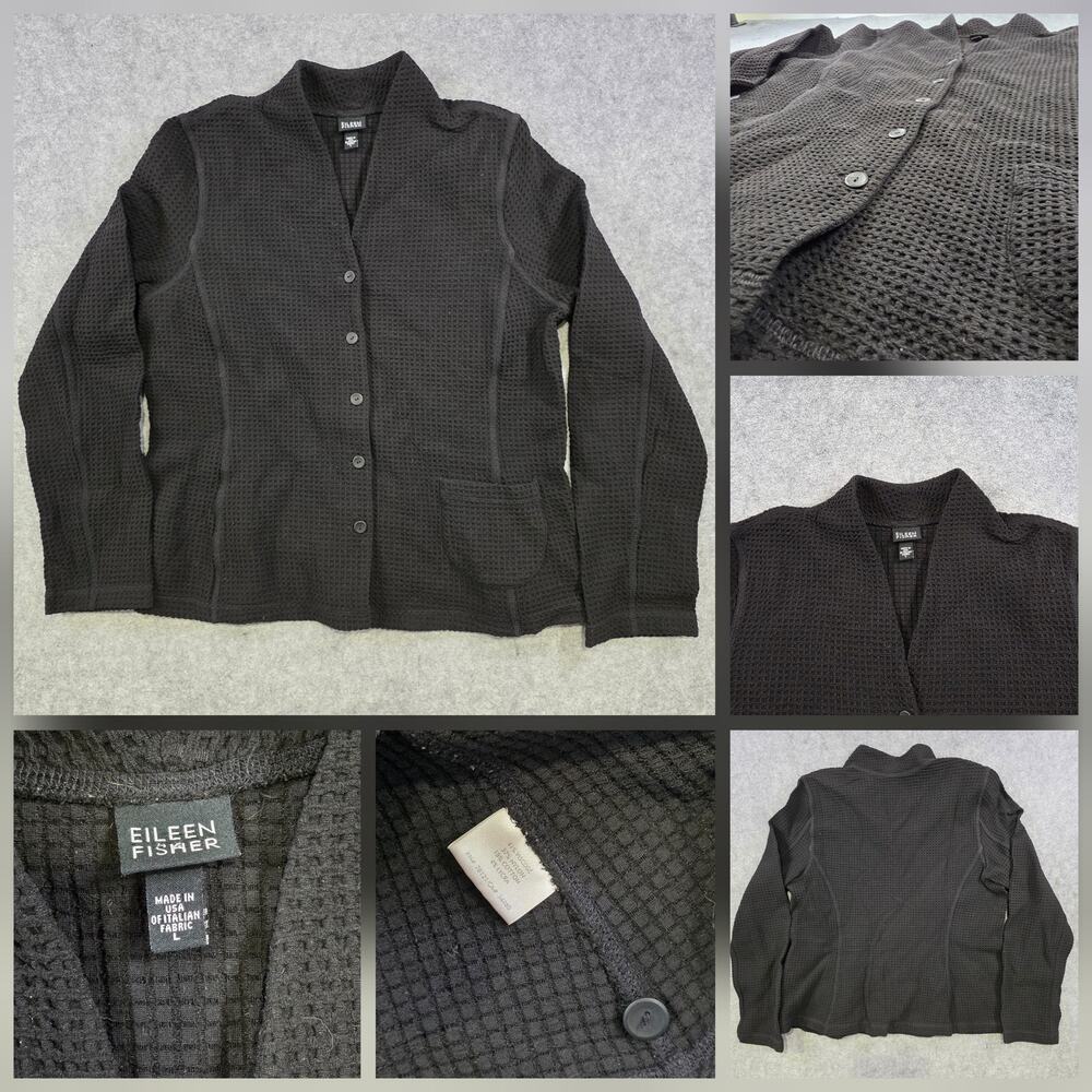 Eileen Fisher Sweater Women Large Black Collared Waffle Knit Button Cardigan USA